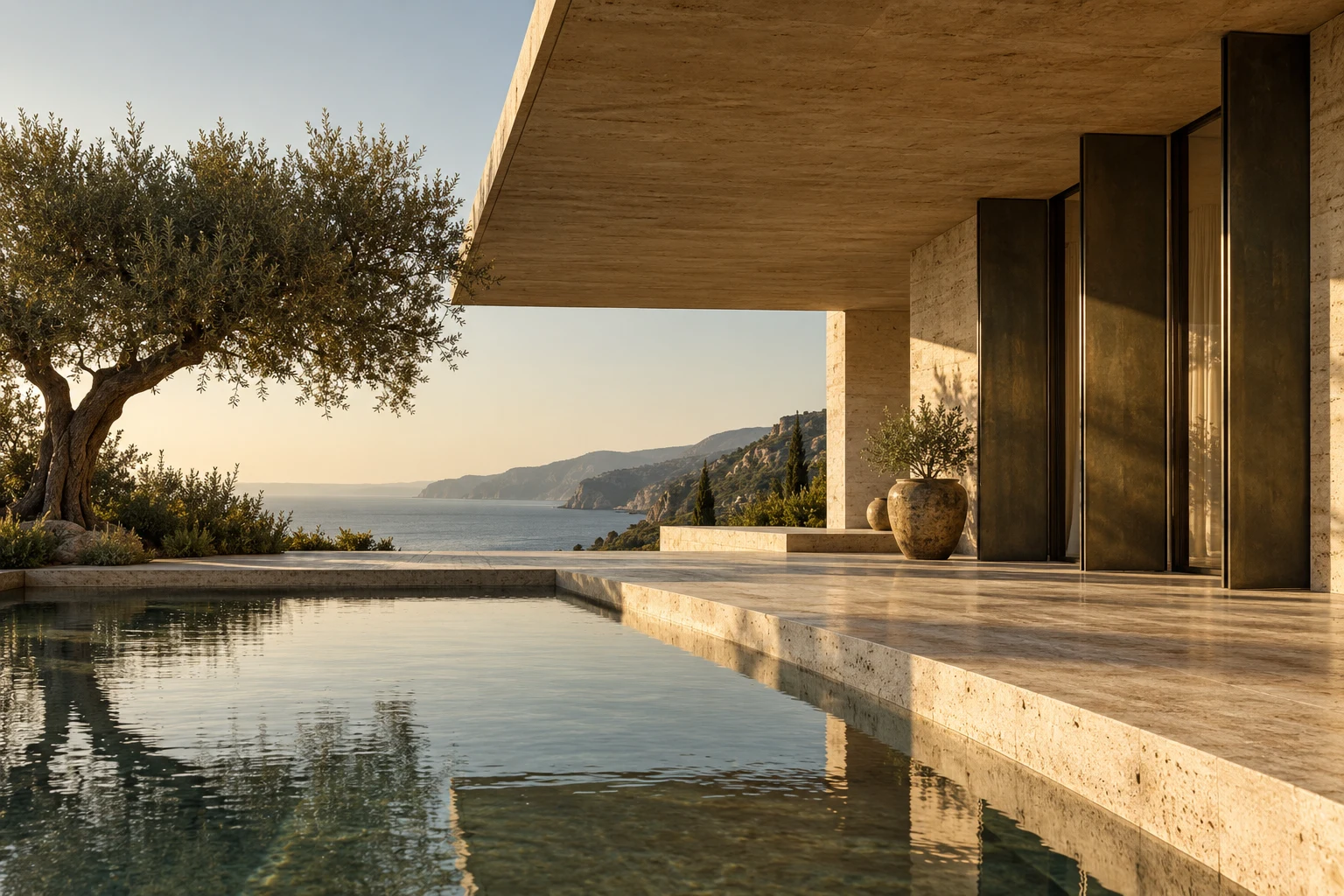 A limestone courtyard house with bronze shutters and a reflecting pool