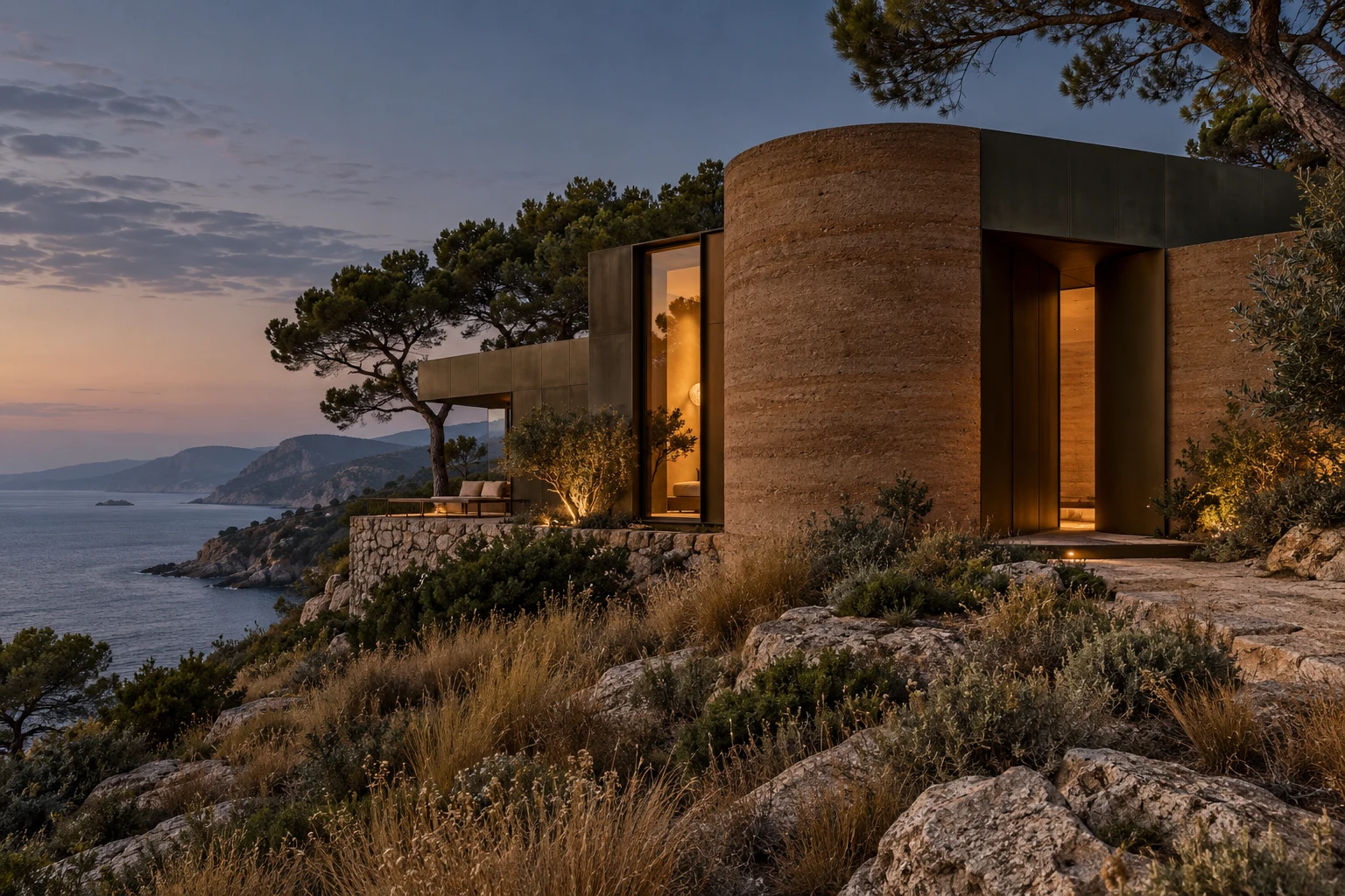 Rammed-earth coastal retreat at dusk